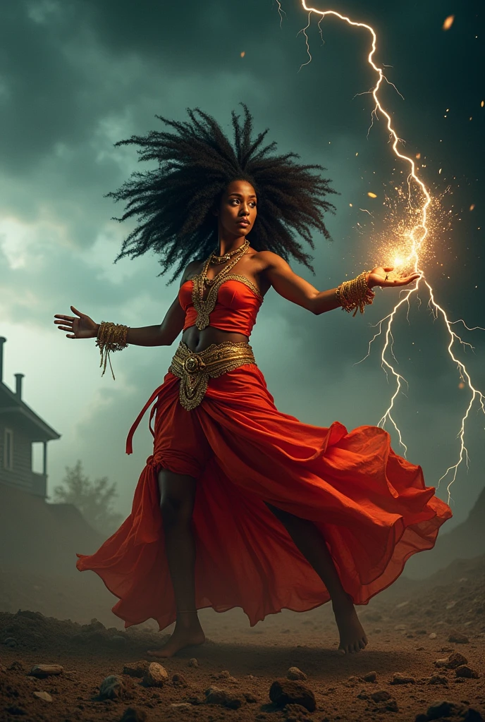 Black woman Orisha, warrioress, curled hair, red and gold clothing, bare feet, in the middle of a tornado, with lightning coming out of his hand