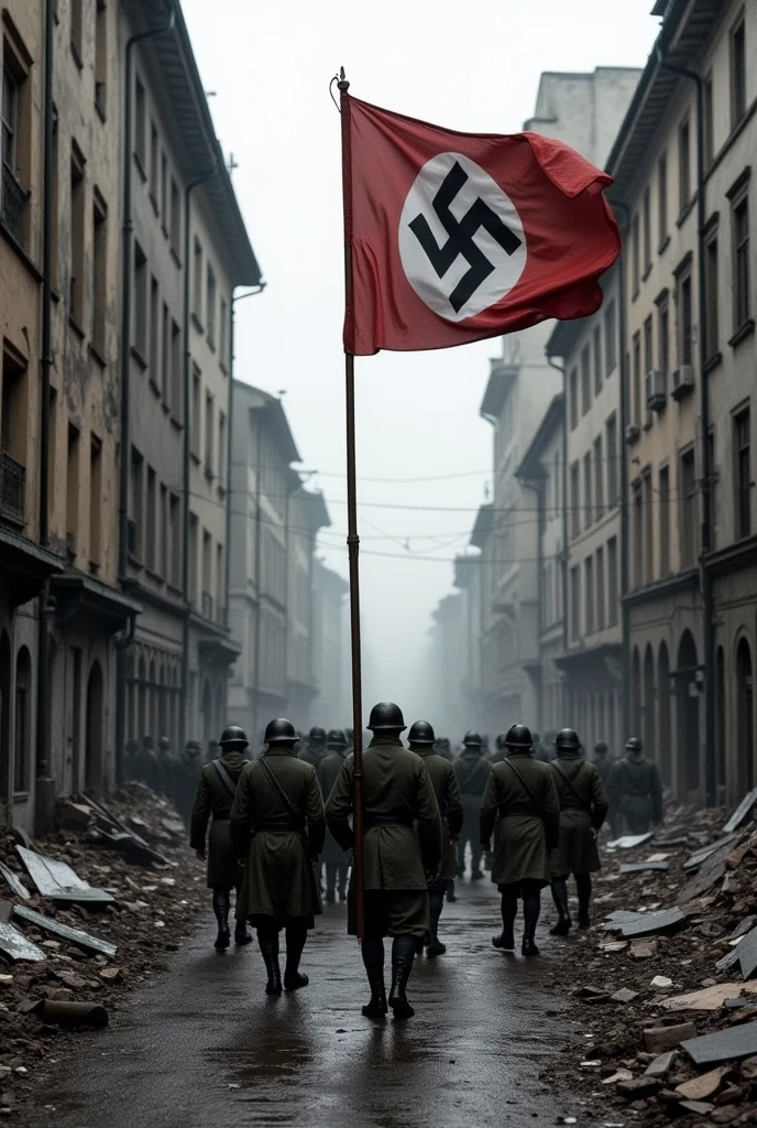 German soldiers march through a Polish city. Spotlight, The Nazi flag waving while, In the background, the streets are filled with damaged buildings and terrified citizens.



  

