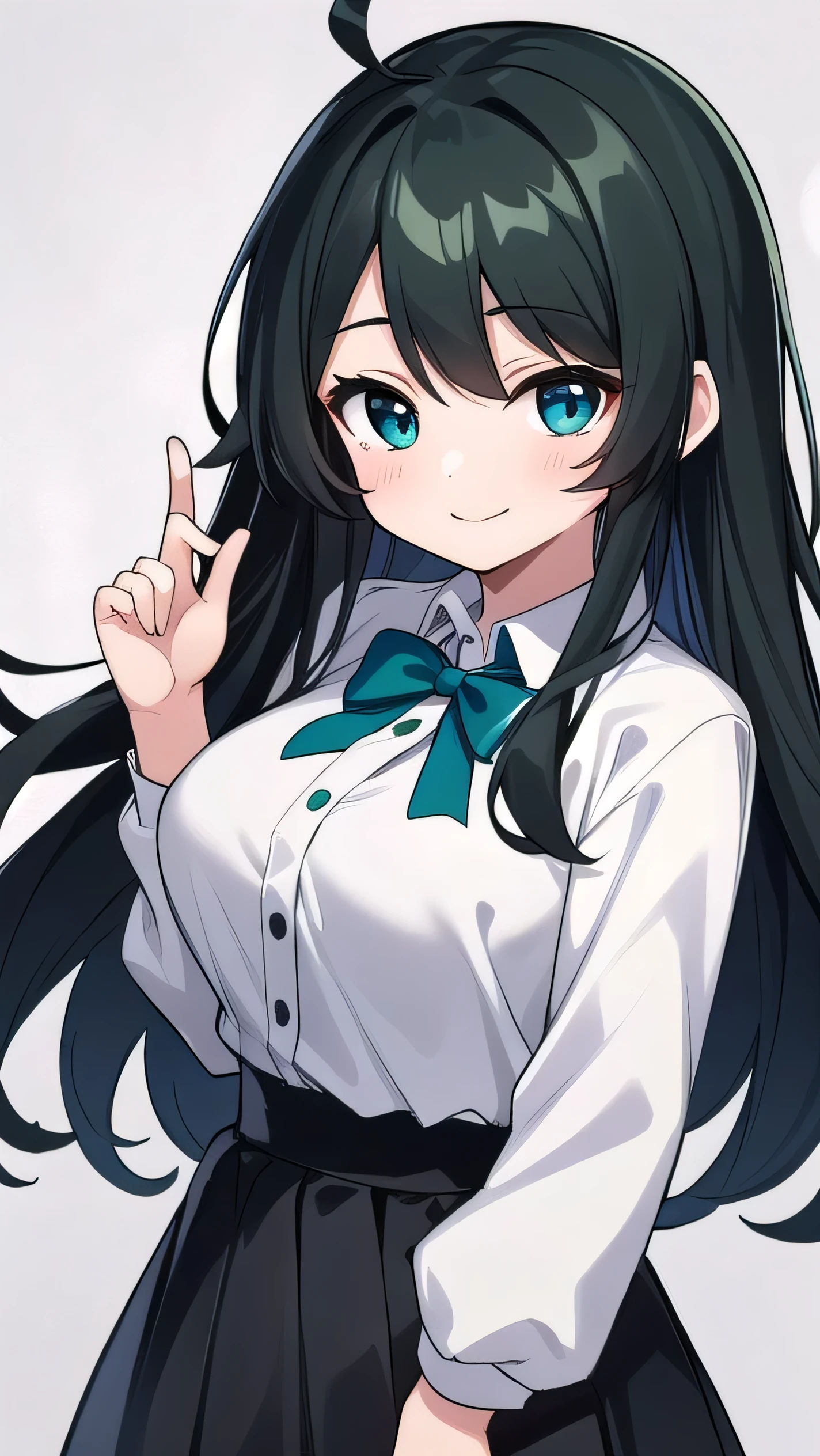 Junior high school student who looks like an elementary school student, , very short, 140 cm tall, black hair with a slight green tinge, short ahoge, beautiful long hair but with a little hair sticking out, beautiful round eyes, blue eyes, smile, boyish, long sleeves, Thick clothes, skirt, big breasts, hair longer than waist, long hair, childish face, gentle smile, a little shy, black skirt, black hair with a slight green tinge, boyish, gentle smile, jacket one size larger, ( Deep greenish black hair: 1.3)
