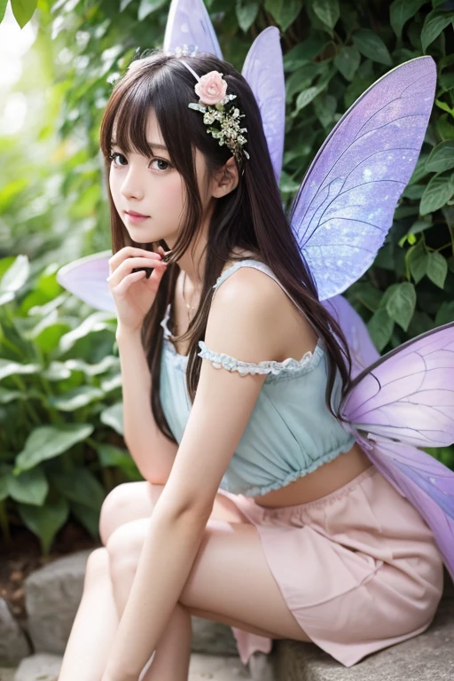(RAW photo:1.2), (realistic), beautiful detailed girl, highly detailed eyes and face, thin and beautiful eyes, huge file size, High resolution, very detailed, highest quality, [table top:1.6], shape, very detailed, small details, highest quality, 8k wallpaper, movie lighting, 15 year old adorable female spring fairy, mysterious eyes, In underwear, shining smile, fairy bra, fairy panties, rosy cheeks, Because I&#39;m slender, young face, small breasts, exposed underwear, subtle freckles, cascading curls, 花びらや葉っぱをあしらったWind変わりな衣装, small wings, Spring-like aura, Whimsical meadow with soft grass, vivid flowers々, Gentle sunlight shines in, shining dew, babbling brook, shining stone, colorful shell, Wind, Seductive floral scent, Cute fairy potential heaven