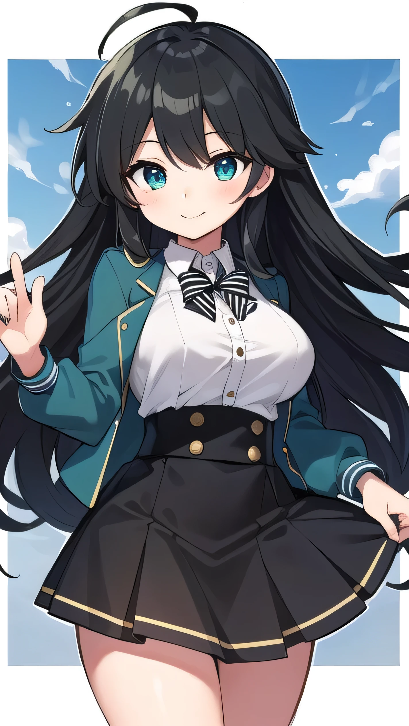 Junior high school student who looks like an elementary school student, , very short, 140 cm tall, black hair with a slight green tinge, short ahoge, beautiful long hair but with a little hair sticking out, beautiful round eyes, blue eyes, smile, boyish, long sleeves, Thick clothes, skirt, big breasts, hair longer than waist, long hair, childish face, gentle smile, a little shy, black skirt, black hair with a slight green tinge, boyish, gentle smile, jacket one size larger, ( Deep greenish black hair: 1.3)