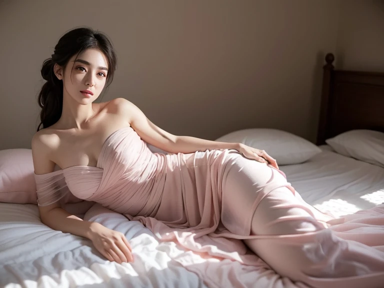 Behind the heavy gauze,Is a low bed,There is a woman in a light pink long dress lying there,One-armed support,A natural flow of elegance from the waist,Eyebrows and eyes like a painting,But the expression is timidly inviting love。