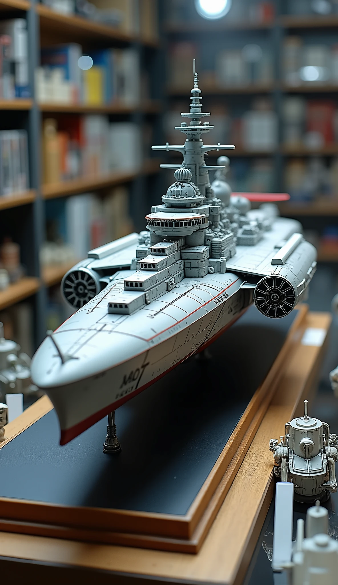 masterpiece,Highest quality,Ultra-high resolution,(Super detailed),8k,wallpaper,Realistic,(DSLR Canon style),BREAK(Spacecraft model:2.0),(Isometric 3D Diorama:2.0),(A spaceship with a streamlined and futuristic design based on the Yamato battleship:2.0),(Displayed in the model shop's showcase:2.0),(dynamic,Big impact,Dynamic Angles:2.0)