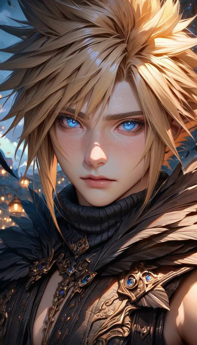 Ultra detailed, highres, absurdres, HDR, master piece, Cloud Strife, blonde hair, expressive blue eyes, black clothes, Final Fantasy VII Remake, petals, fireflies, sexy man, solo, handsome, very detailed face and eyes, best quality, fantasy, magical, realistic face, fantasy city, black feathers, feathers, sensual, close up