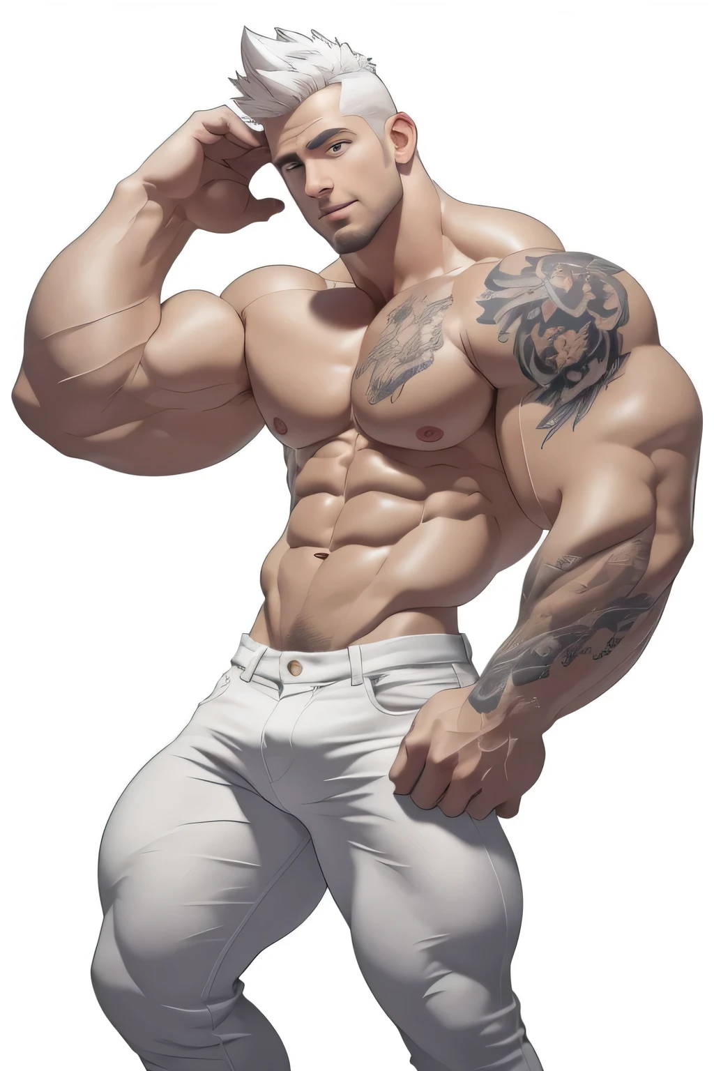 Handsome, short spiky anime hair, clear face, clear eyes, muscular body, muscular arms, huge pectorals, abs, huge arms and hands, wearing white jeans, tattooed neck and body, Cropped feet,white background