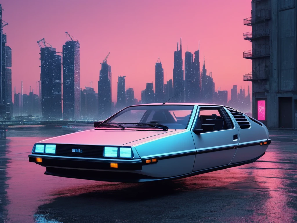 floating car, DELOREAN, 1985, City streets, horizontally folded wheels, cyberpunkstyle, linhas limpas, Sharp edges, flow line, detailed painting, Detailed scenery, open door, (Futuristic concept car:1.2), detailded, high-tech style streets, hyperrealisti, hyper-futuristic, 16K, cinematic lighting with pink and blue neon, wide plan, F/3.6, futuristic city background with tall buildings, grimdark, natta, night-time, confusion, perFect composition, beautiFul detailded intricate insanely detailded octane render trending on artstation, 8K artistic photography, photorrealistic concept art, soFt natural volumetric cinematic perFect light, Bright dark, rewarded photography, work of art, oil on canvas, rafael, caravaggio, Greg Rutkowski, beetle, Beksinski, giger, as realistic as possible