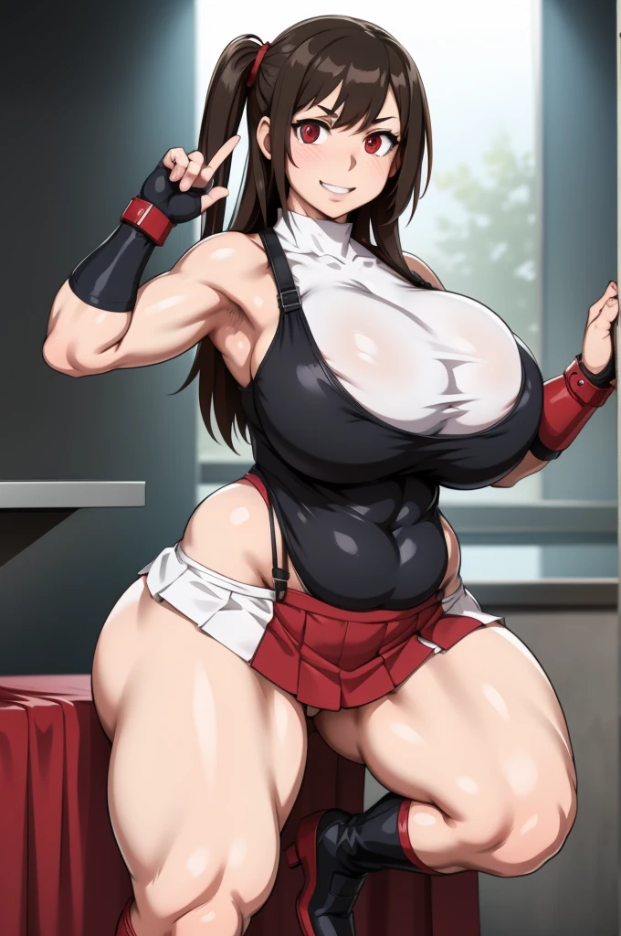 One Woman,Precise five fingers、Two long, accurate legs、Long Hair、Knee-high socks、Wide Hips、plump and thick thighs、Huge Ass、Huge breasts, Embarrassed look、Full Body Shot、Sexy pose、panties、White background、 Oily, shiny skin,woman、Dynamic Lighting, beautiful detailed eyes, Deftifa, White crop top, Elbow pads, Fingerless gloves, suspenders, Very short pleated mini skirt, Red Boots, bar counter, pantiesを見せる, Dynamic pose, Red eyes, Severe, smile, Combat Stance, Sparring,