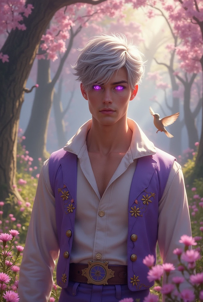 Prince man with purple eyes and gray hair (short) , that the prince is very attractive (beautiful, handsome in face and body), and that he is in wonderland