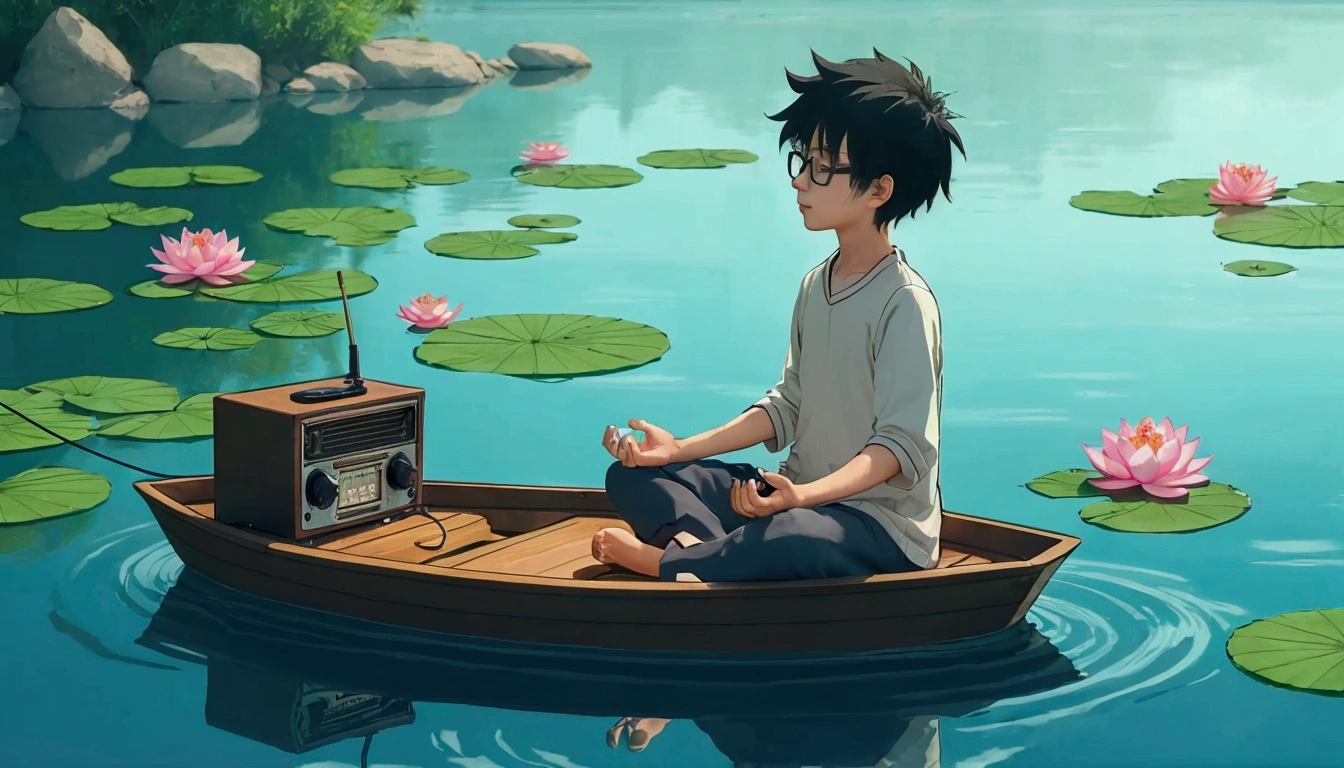 A short, bespectacled otaku boy sits in meditation with his eyes closed, a small, old radio beside him on the boat floating on the lake.、Deep, soothing music is playing on the radio.。、Lotus flowers float around the boat、Top view