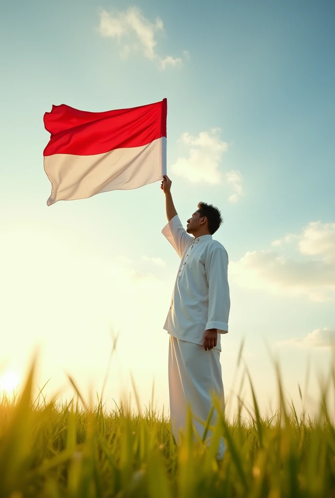 An Indonesian man Wearing white clothes salutes the Indonesian flag (red and white). Hyper realistic high resolution ultra hd detail cinematic,