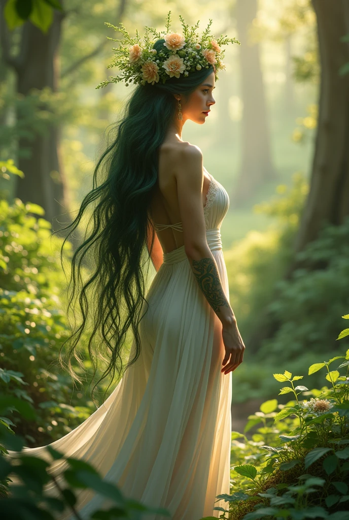 Detailed portrait of a beautiful, young female tree spirit in the forest, with long flowing dark green hair, long flowing white dress, delicate facial features, beautifully detailed eyes and lips, very full breasts, six pack, navel, detailed thighs, intricate flower crown, sunlight filtering through the trees, lush green foliage, cinematic lighting, elegant, dreamy, pastel color palette, (Highest Quality, 4k, 8k, High Resolution, Masterpiece: 1.2), Ultra Detailed, (Realistic, Photorealistic, Photorealistic: 1.37)