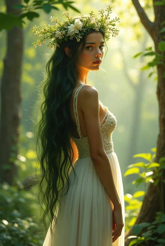Detailed portrait of a beautiful, young female tree spirit in the forest, with long flowing dark green hair, long flowing white dress, delicate facial features, beautifully detailed eyes and lips, very full breasts, six pack, navel, detailed thighs, intricate flower crown, sunlight filtering through the trees, lush green foliage, cinematic lighting, elegant, dreamy, pastel color palette, (Highest Quality, 4k, 8k, High Resolution, Masterpiece: 1.2), Ultra Detailed, (Realistic, Photorealistic, Photorealistic: 1.37)