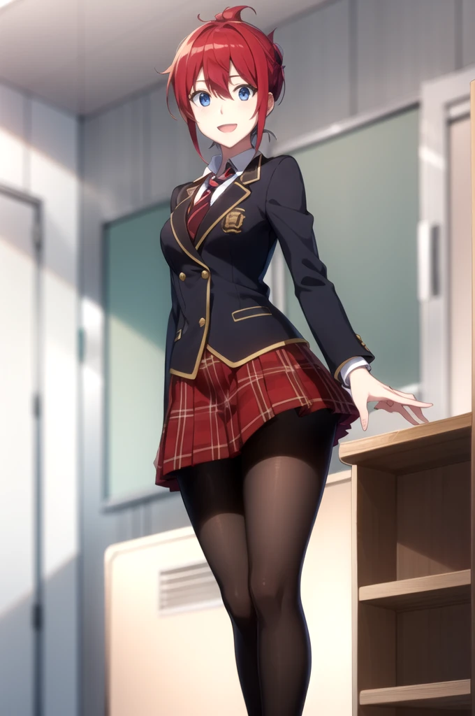 Highest quality, masterpiece, Very detailed,
Aoi Sakurai RW,
Open your mouth, A light smile,
blue eyes, Redhead, short hair, ハンサムshort hair,
school uniform, blazer, tie, Red Skirt, pantyhose,
Are standing, Looking at the audience,
classroom