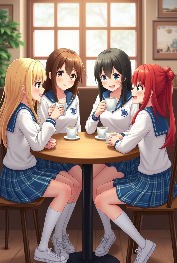 round coffee shop table with four girls sitting on chairs, one with blonde hair and blue eyes, one with brown hair and brown eyes, one with black hair and dark eyes and one with red hair and blue eyes. They are wearing a white long-sleeved shirt with the school crest printed at the top in light blue; blue and white plaid skirt with white socks and white sneakers. they sip a coffee