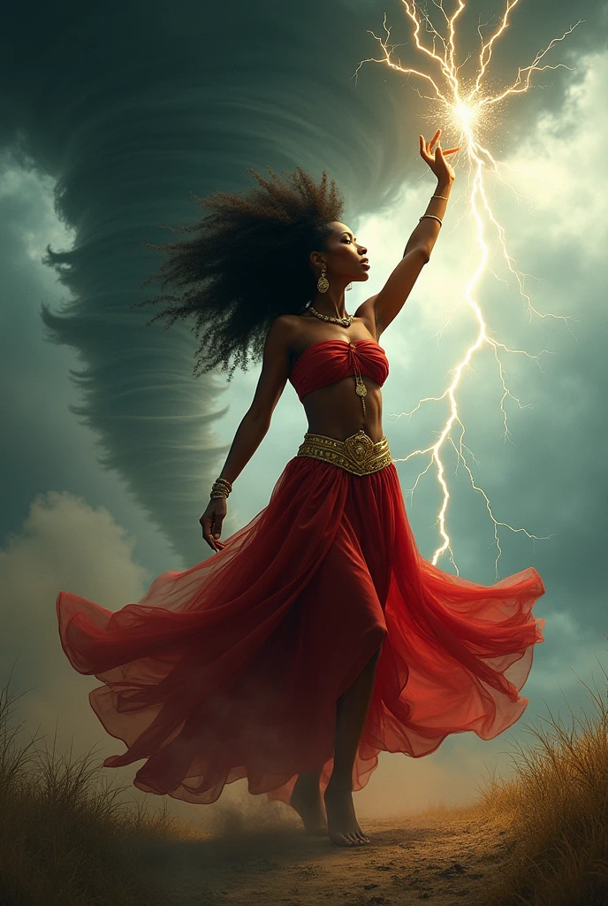 Black woman Orisha, warrioress, curled hair, red and gold clothing, bare feet, in the middle of a tornado, with lightning coming out of his hand