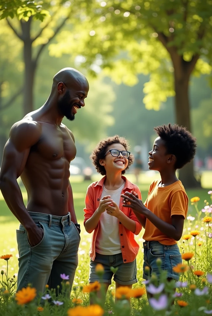 three friends, a tall black bald man, a short white girl with black hair and glasses and a short white man with green eyes
