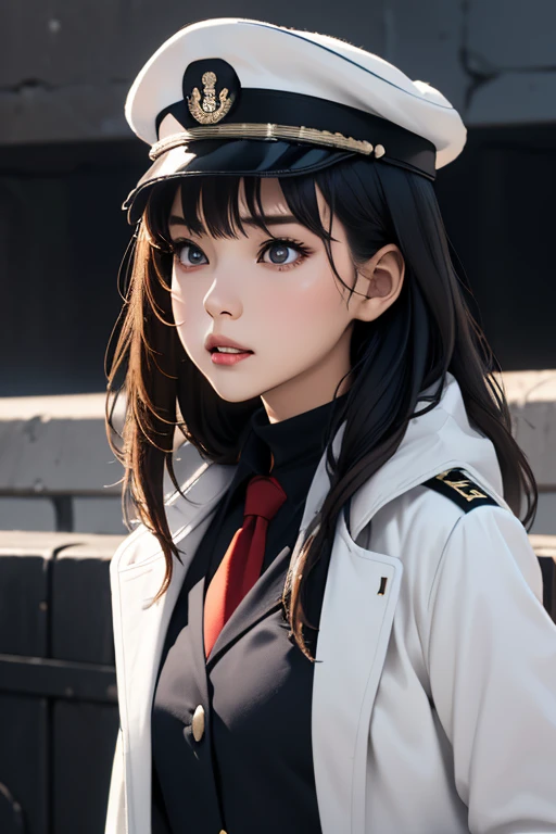 Highest quality　High resolution　Simple　White military uniform with a stand-up collar　army officers　military cap　class seal　white open coat　Baggy　Long bangs　Adult female　Casual expression　cute　Strong posture　Dynamic Lighting　（（head to waste:1.8））