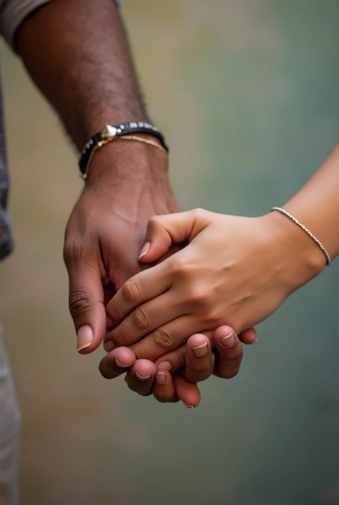 Two hands holding each other, a veiny male hand, and the other feminine hand with a bracelet