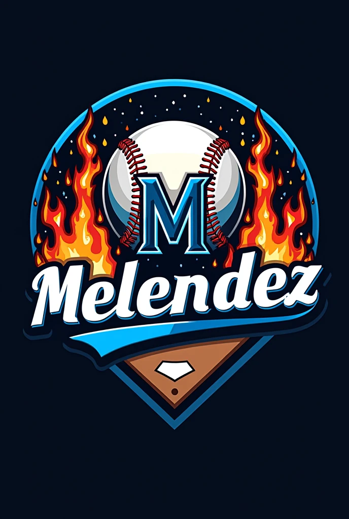 I want a logo for my baseball team. The name of my team is Melendez, with a predominant black and intense blue color scheme. The shape should be round and eye-catching, similar to MLB logos. The name should be prominent, and the initial should be like the Marlins. In the background, a softball with flames and a baseball field.