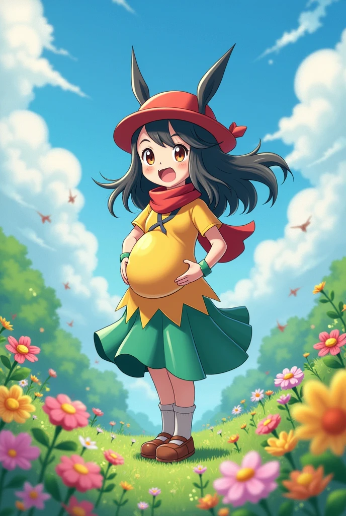 obra maestra, mejor calidad, highres, selene1, 1girl, selene1, 1girl, selene \(pokemon\), solo, ojos grises, cabello negro, pantalones cortos verdes, sombrero rojo, gorro, camisa, camisa atada, camisa atada debajo de los senos, estampado floral, pelo corto, mangas cortas, pantalones cortos, rayas, camisa amarilla, beltt, midriff, cowboy shot, hierba, flor, tree, sonrisa, sosteniendo poke ball, mano en la cadera, poke ball \(basic\), (((embarazada))), senos medianos.