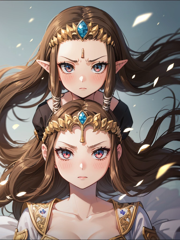 (((extreme close up of face))),(((My hair is blowing in the wind))),(Oblique angle),(((Split the bangs to the left and right)))))),((Upper Body)),((alone)),((Glossy Lips))),Anime art style,masterpiece,(Highest quality), (Super detailed),(Very delicate and beautiful),(alone),(detailedな顔と目),Beautiful eyes like jewels,(A truly gorgeous jeweled ruffled rococo ball gown dress),(((Mature Woman,Queen))),((1 Queen in a beautiful embroidery and jeweled absolutely gorgeous rococo ballgown dress with voluminous full length hoop skirt)),((crinoline)),,((Straight hair galore,Very long straight hair with plenty of volume,Super long straight hair)),,Cleavage,(bed),length_Black gloves,Very gorgeous hair accessories,Sparkling、((((front)))),((((Narrow eyes)))),((((Beautiful Face)))),((((dress)))),((blush)),(((Long Hair)))),((((Straight hair)))),((Cleavage)),((((Dark brown hair)))),Princess Zelda,((chest is slightly exposed)), ((Highest quality)),,(Very detailed) ,((((((Black blouse)))))),(((Raking up hair with one hand))),Brown Hair,((Embarrassed look)),, ((Highest quality)), (Very detailed),((detailed)),(((dissatisfaction))),Nintendo, The Legend of Zelda),,((alone)), ((Highest quality)), (Very detailed), ,