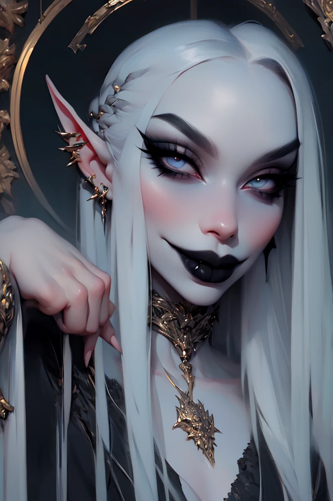 hyper-realistic of a mysterious woman with long white hair, ears of elf, piercing gray eyes, and a black lipstick, delicate smile, upper body, dinamic poses, sitting,