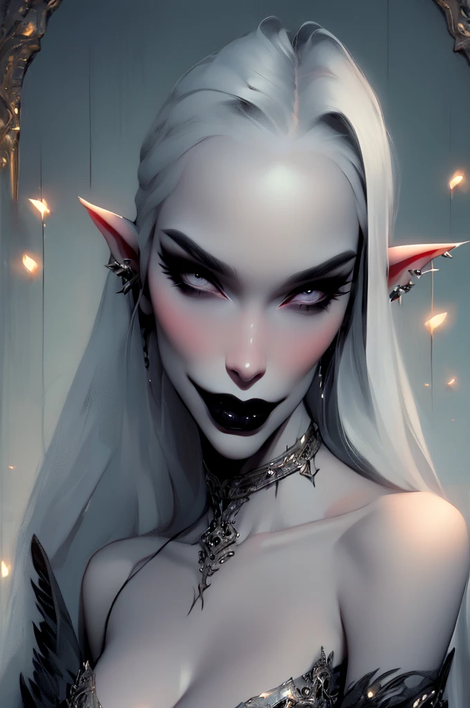 hyper-realistic of a mysterious woman with long white hair, ears of elf, piercing gray eyes, and a black lipstick, delicate smile, upper body, dinamic poses, sitting,