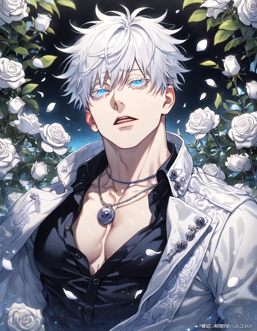 absurdres, highres, ultra detailed, HDR, master piece, best quality, AddDetailedEyes_XL, extremely detailed, Gojou Satoru, white hair, expressive blue eyes, white eyelashes, Jujutsu Kaisen, solo, sexy man, handsome, sensual, manly man, horny, white coat, black shirt, unbuttoned, necklace, patterns, water, white roses, white petals, fantasy, magical, garden, white leaves
