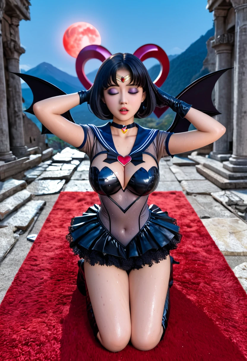 (High quality, masterpieces), One Japanese girl wearing sailor-moon like costume, kneeling down, Hands clasped behind head with holding up, Big breast, Drenched her full-body in sweat, Bob cut black hair, Beautiful face with her eyes closed, Open her mouth wide, Lift her chin up, Dark blue wide sailor collar, Gorgeous short sleeves made from black lace, Dark blue ruffle mini skirt, Huge black ribbon on her chest, Metallic silver sheer leotard adhered to the skin, A heart shape cutout around her navel, Bat wings on her back, black long leather gloves, Black leather long boots with heels, black circlet with a purple jewel on her forehead, broad and deep black eyeshadow, Attach sheep's horn to temporal region, Ancient ruins on a mountaintop, Midnight with red Moon, Red carpet, Perspective from above