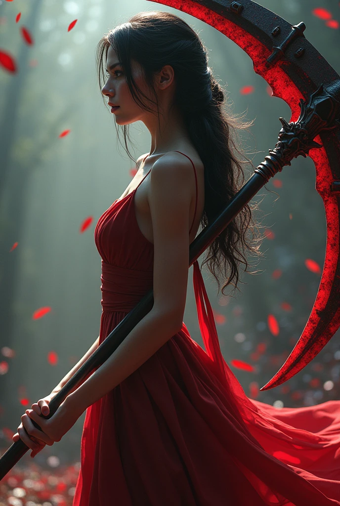 words "plenty" written in large letters at the bottom of the screen, A girl wielding a huge scythe, a scythe bigger than his body, ((masterpiece, of the highest quality, Maximum image quality, High resolution, photorealistic, raw photo, 8k)), ((Extremely detailed 8k unified CG wallpaper)), (huge shot of stunning goddess, Very hot and sexy, Amazing beauty, perfect proportions, beautiful body, slim body beauty:1.4), A girl wielding a huge scythe, movie poster, (a huge scythe:1.5), 