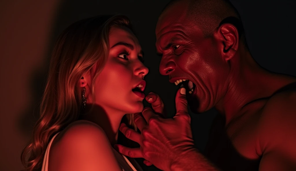 woman with her mouth open and tongue out, man screaming in the blurred background, dark sensual image, portrait style
