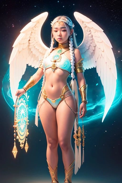A young 15- yr old native asian girl with lovely charminvg face,( skin texture masterpiece), (perfect full body detailed anatomy), (Super accessories detailed), (meditating ), (perfect detailed glowing bright eyes),(short braided illuminating jade hair)，Wearing transparent costume of an angel，holding a treasure septer & shield, illuminating different lights covers the sorrounding atmosphere Has beautiful large white wings, The character solemnly praying 