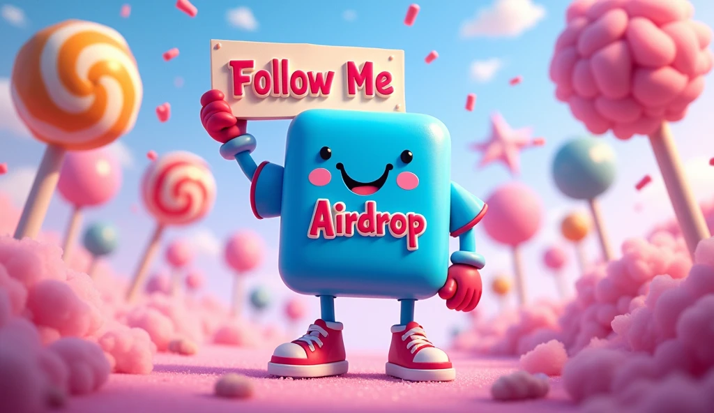 Square-shaped candy with a shirt that says Airdrop, cầm bảng có chữ follow me