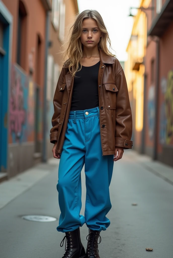 Generate an image with a girl who has a black blouse outfit, Blue pants, high black boots and brown leather jacket