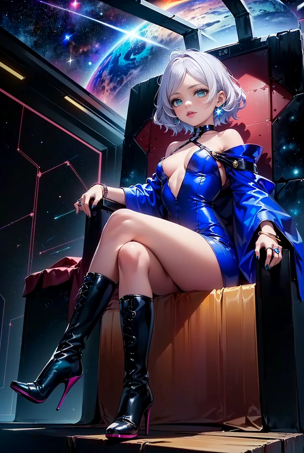 ((masterpiece, highest quality, High resolution)), she is about 20 years old、Anemone、goddess、height: 165cm、big breasts、Breast augmentation、Pink and blue soft short cut blonde hair,delicate face,Black latex zentai suit with open neckline,thigh-length long boots,cyber punk,She is slender and、has a beautiful appearance。She sits with her legs spread in an M shape,Pose from the front with legs apart。Her arms are tied behind her back。art的でHigh resolutionです、art