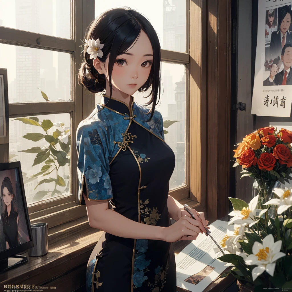 Old Shanghai,Miss,cheongsam,poster,Outlook,flowers, office lady,