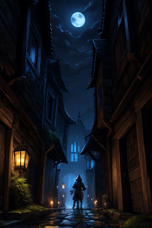 A Dragonborn Rogue with black scales and glowing yellow eyes moves stealthily through a medieval town at night.. He wears dark, tight-fitting leather clothes., with a hood that partially hides his draconic face. In one hand, he holds a sharp dagger, while the other hand is extended to silently open a window. Ao fundo, the environment is made up of narrow alleys, moss-covered stone walls and moonlight reflecting off the roof tiles. The scene is lit by soft moonlight, creating deep shadows that accentuate the atmosphere of mystery and danger.