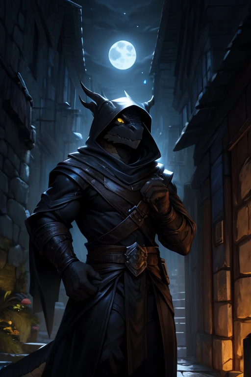 A Dragonborn Rogue with black scales and glowing yellow eyes moves stealthily through a medieval town at night.. He wears dark, tight-fitting leather clothes., with a hood that partially hides his draconic face. In one hand, he holds a sharp dagger, while the other hand is extended to silently open a window. Ao fundo, the environment is made up of narrow alleys, moss-covered stone walls and moonlight reflecting off the roof tiles. The scene is lit by soft moonlight, creating deep shadows that accentuate the atmosphere of mystery and danger.