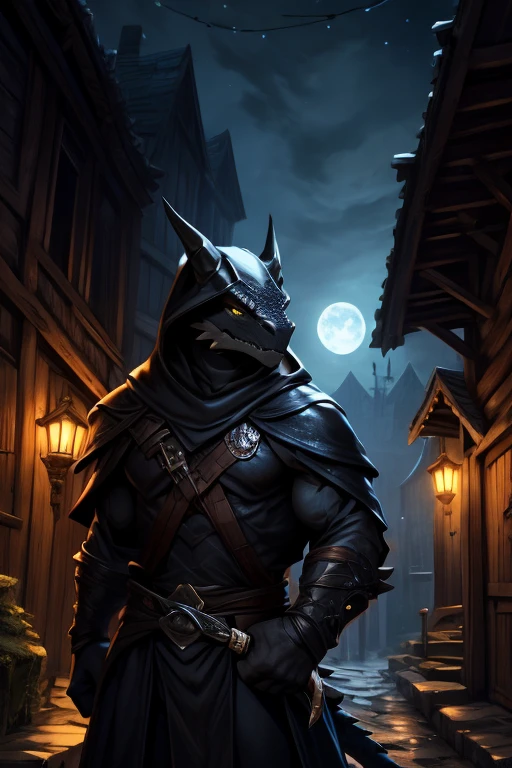 A Dragonborn Rogue with black scales and glowing yellow eyes moves stealthily through a medieval town at night.. He wears dark, tight-fitting leather clothes., with a hood that partially hides his draconic face. In one hand, he holds a sharp dagger, while the other hand is extended to silently open a window. Ao fundo, the environment is made up of narrow alleys, moss-covered stone walls and moonlight reflecting off the roof tiles. The scene is lit by soft moonlight, creating deep shadows that accentuate the atmosphere of mystery and danger.