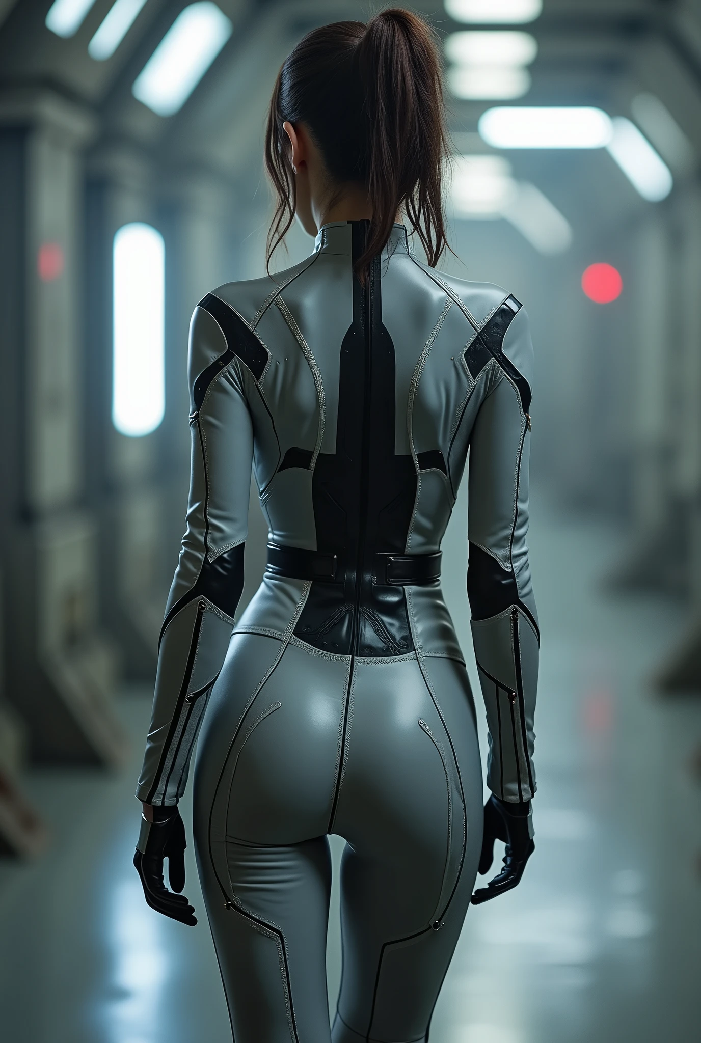 A beautiful Japanese girl wearing a gray suit, Wearing a tight suit, A beautiful Japanese woman wearing a futuristic gray suit, 滑らかなgreyタイトな服のスーツ, greyレオタードを着て, White stitching、Star Wars Imperial Agent, Female Stormtrooper, Full Body Shot, full body,  The tight-fitting suit, Close-up shot from behind, grey、Black pattern、with black waist design、Black Belt、Black full harness、Long legs、Knee-high boots、