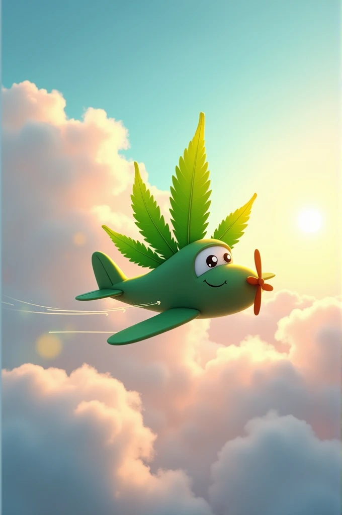 A cannabis leaf with eyes flying a small plane between the clouds