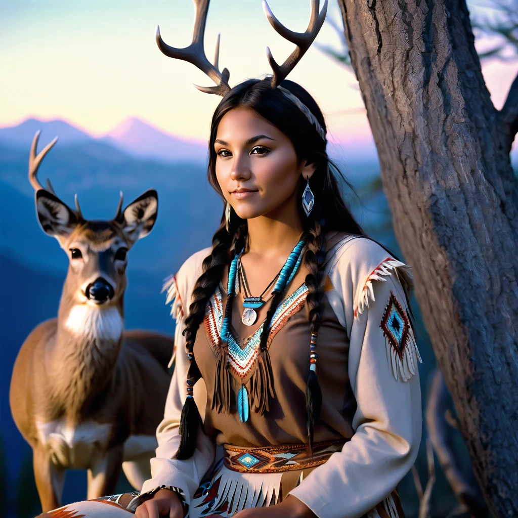 (grainy:0.5), cinematic, beautiful girls 25 year old native american,fantasy,(solo:1.3), detailed brown eyes, detailed face, detailed native american sexy clothing, volumetric lighting, dusk, extremely detailed background, standing next to tree and mountain, smiling, half closed brown eyes, tilted head, from side, sitting next to her White-tailed Deer