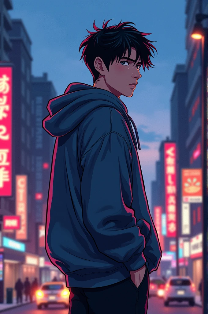 manhwa style man, wearing a hoodie,standing with his back turned, Whole body, Looking left