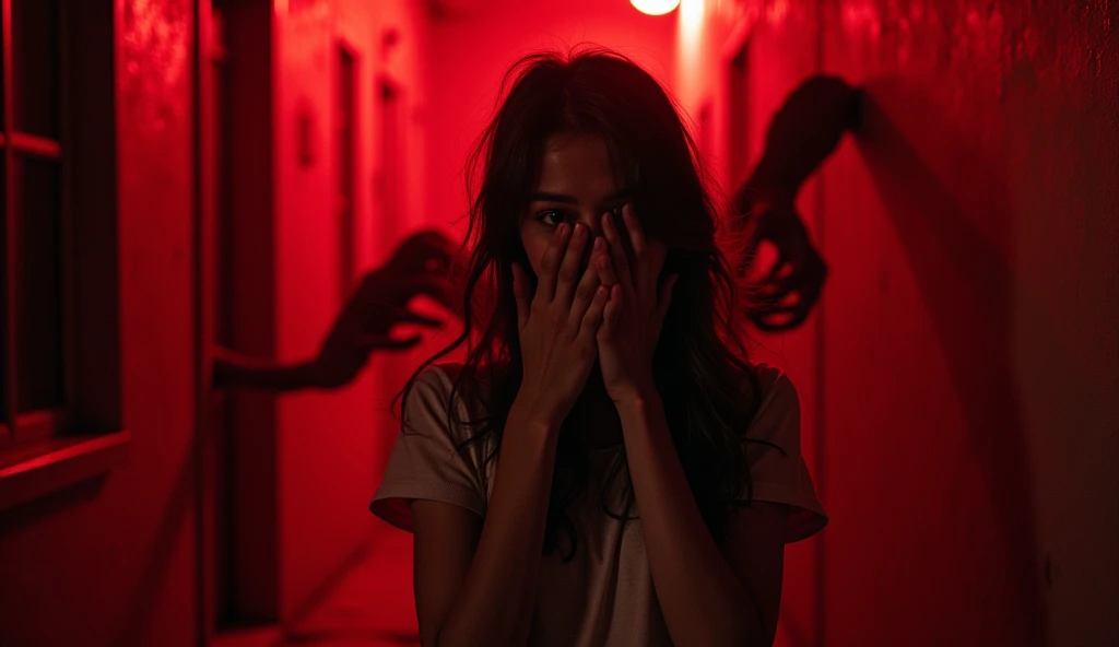 Generate a image of 18+ girl scared of rape putting her hand on her face and add red colour for danger over the girl and a dangerous lusty man like monster don't make the man completely monster make in way that he looks like monster and add some hand which are hungry for lust