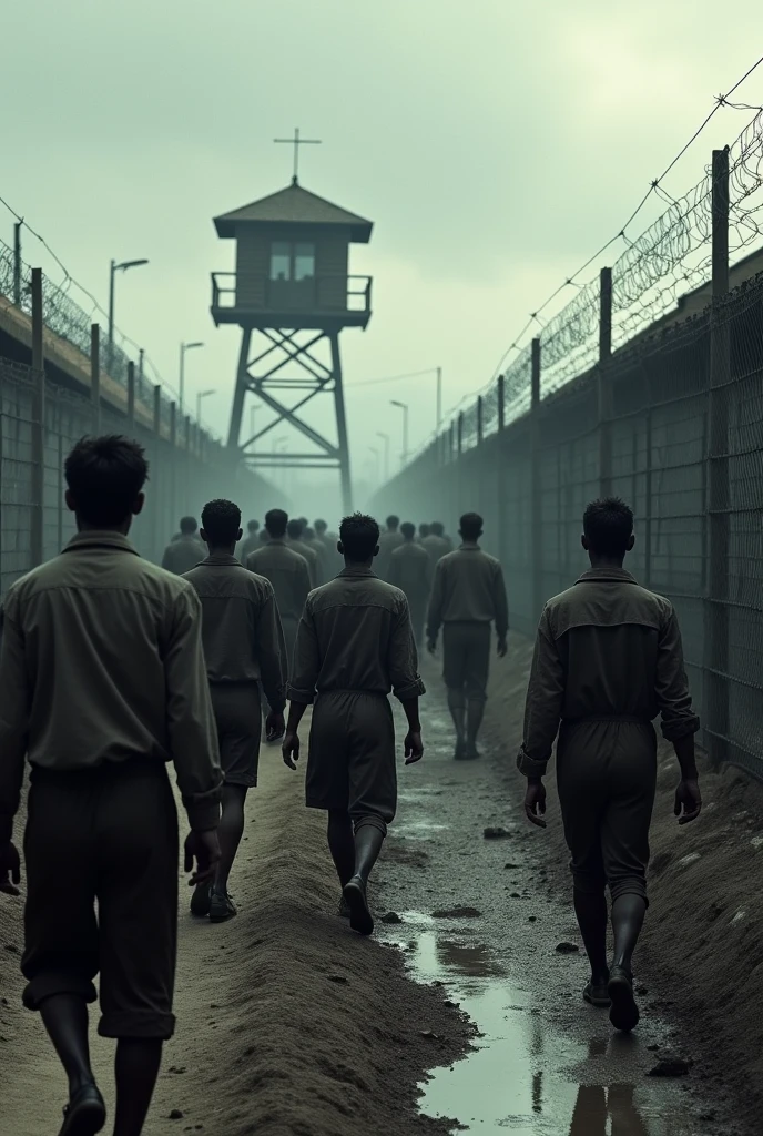 A line of prisoners walking in a concentration camp, With vacant gazes. At the bottom, watchtowers and barbed wire, with guards watching from above.