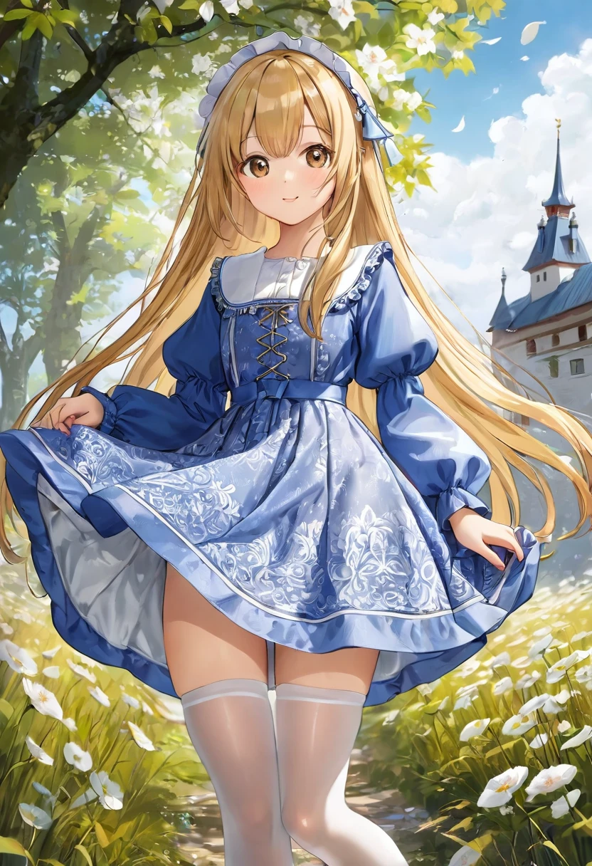 Kind Face, Medieval one-piece dress with panniers, Fabric Realism, Low Angle, Pull up the dress by hand, Strong winds, Translucent slip,White Stockings, Highest quality, Full body portrait、Very young、1people、 a realistic dress made of patterned cotton fabric、(mini skirt)、 Translucent bloomers、(Thigh)、Finland、Courtesy、Outdoor、Very young、Flaxen Hair、