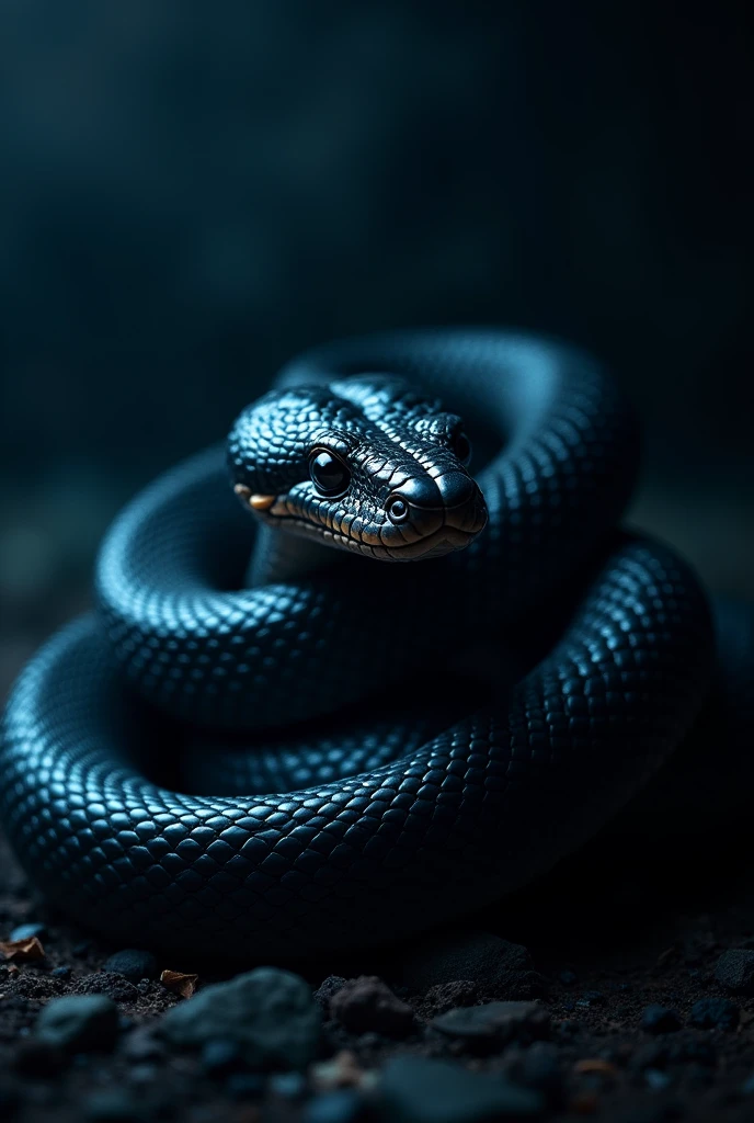 A black snake with blue highlights and bared fangs against a dark background 