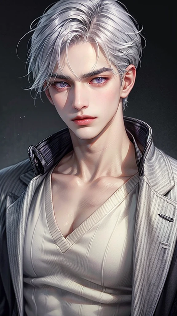 Boy, silver hair, purple eyes, serious sharp features, white skin, shiny lips, handsome, sweater
