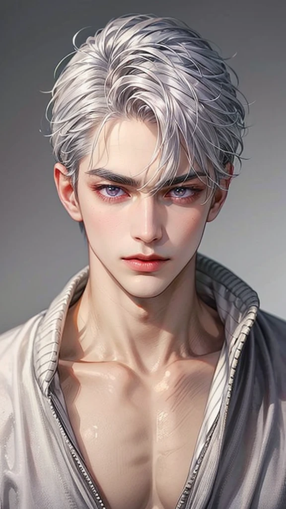 Boy, silver hair, purple eyes, serious sharp features, white skin, shiny lips, handsome, sweater
