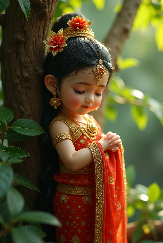A tiny beautiful girl in Thai costumes hanging from a tree branch, sleeping with their hands covering their chests, with water droplets clinging to their bodies. Close-up, high-resolution, realistic, cinematic lighting, warm tones, 8k. Masterpiece.High Resolution, Breasts, Red Eyes, Smile, Breasts, Makeup, Jewelry, Cinematography,